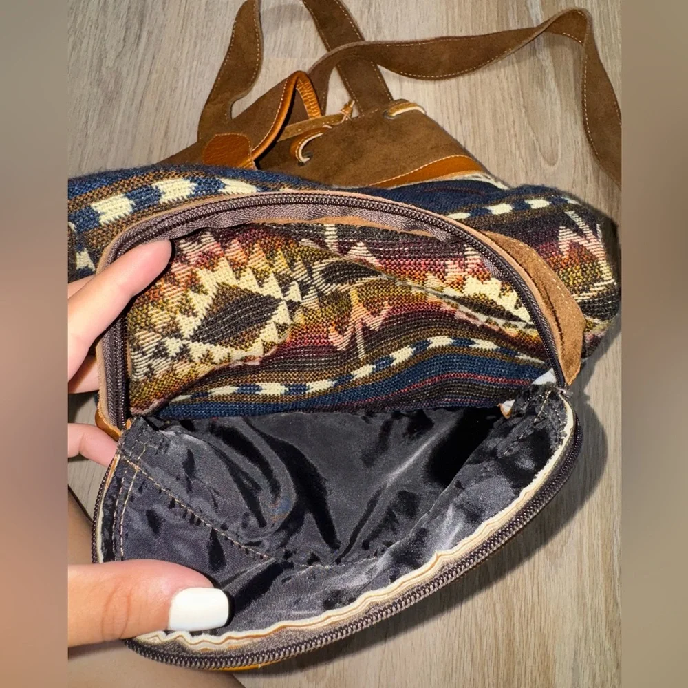 Western Leather Brown & Blue Boho Aztec Drawstring Backpack